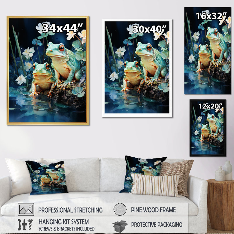 «Cute Frog Portrait At The Pond III», reproduction sur toile, Cadre flottant noir, H 32 po x l 16 po