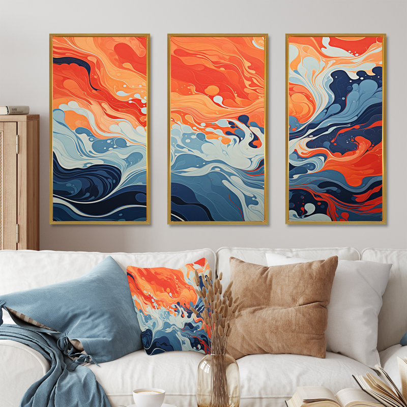 Encre liquide bleue et orange «Waves I» - art mural abstrait à encre liquide, Cadre flottant doré, H 32 po x l 48 po x P 1 po