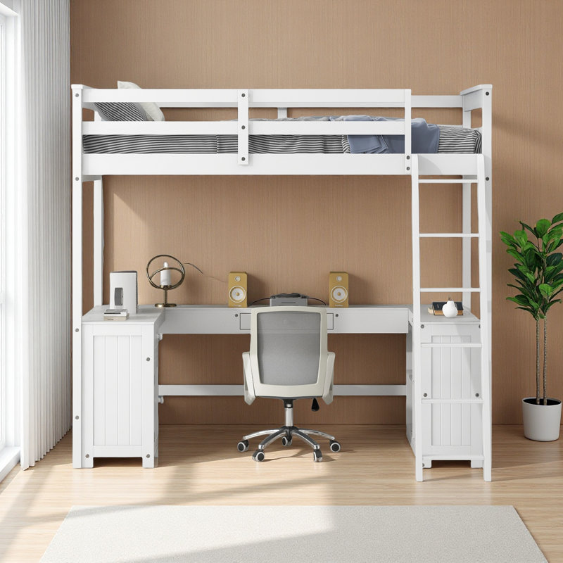 Lit mezzanine avec bureau en U, tiroirs et tablettes de rangement, Lit simple, Blanc