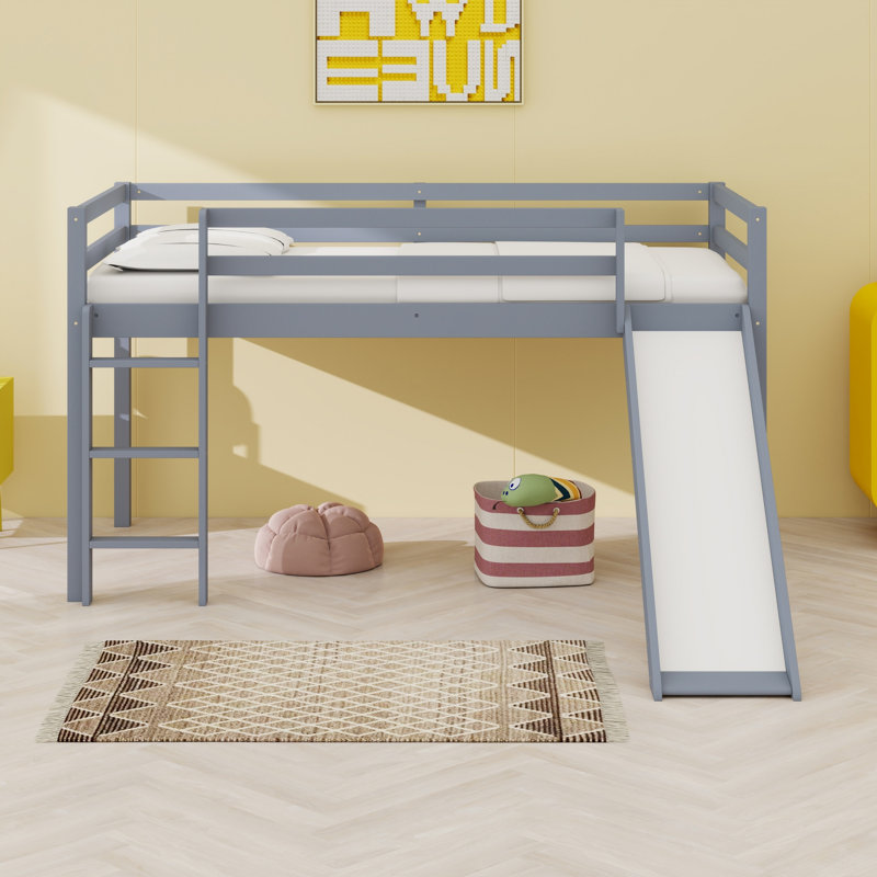 Twin Loft Bed With Slide, Wood Low Loft Bed Frame, Lower Storage Space, Gray