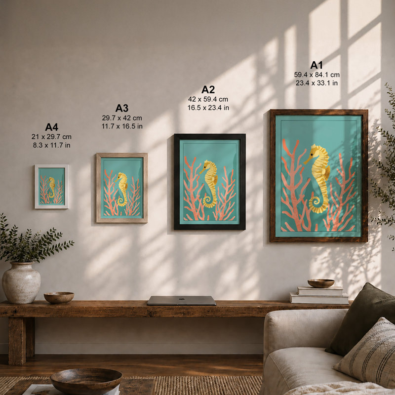 Seahorses in Coral Coastal - Framed Print, Oak, A4 - 29.7 x 21.0 cm