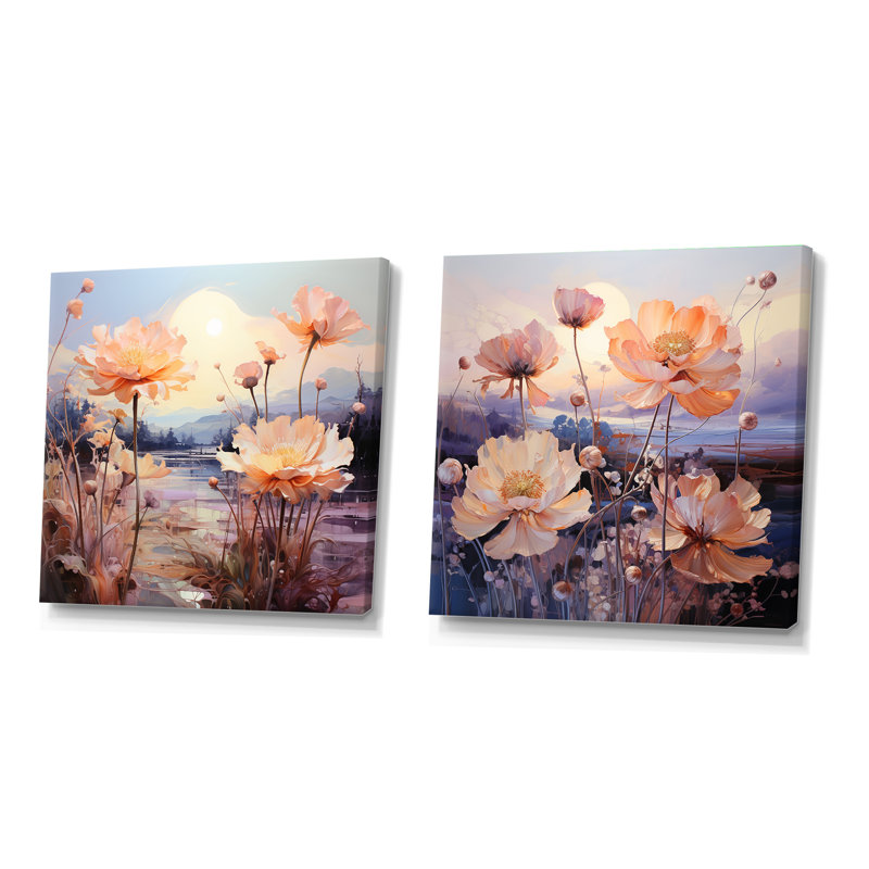 Verre floral sur fond de montagne - ensemble de 2 collages floraux carrés, Toile tendue, H 16 po x l 33 po