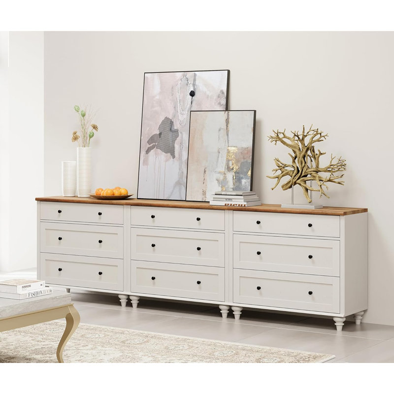 Commode 9 tiroirs blanche Mid-Century moderne - Ensemble de 3 grands organisateurs de garde-robe en bois pour chambre à coucher, chambre de bébé ou couloir