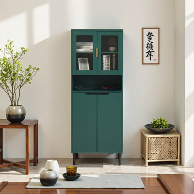 Green Tall Storage Bookcase Cabinet with 4 Tempered Glass Doors & Adjustable Shelves, Freestanding MDF Display Unit for Living Room, Bedroom, Office