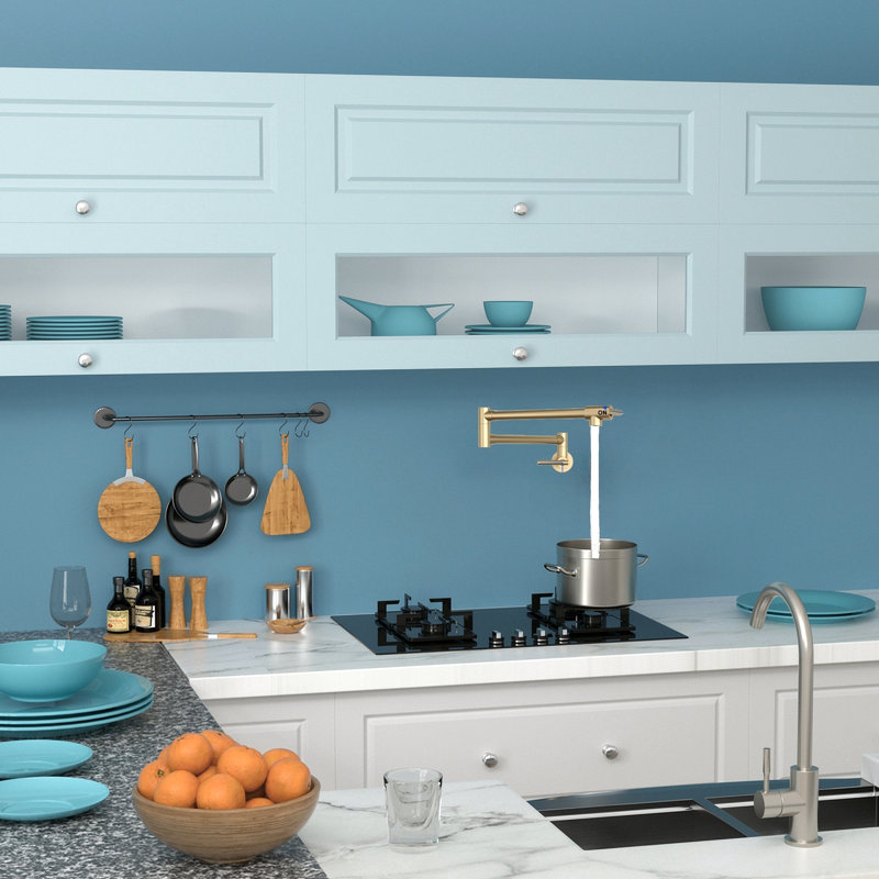 Gold Stretchable Pot Filler For Wall Mount Kitchen, Single Hole, Two - Handle Faucet, Modern Aesthetic, Ceramic Disc Shut Off Valves