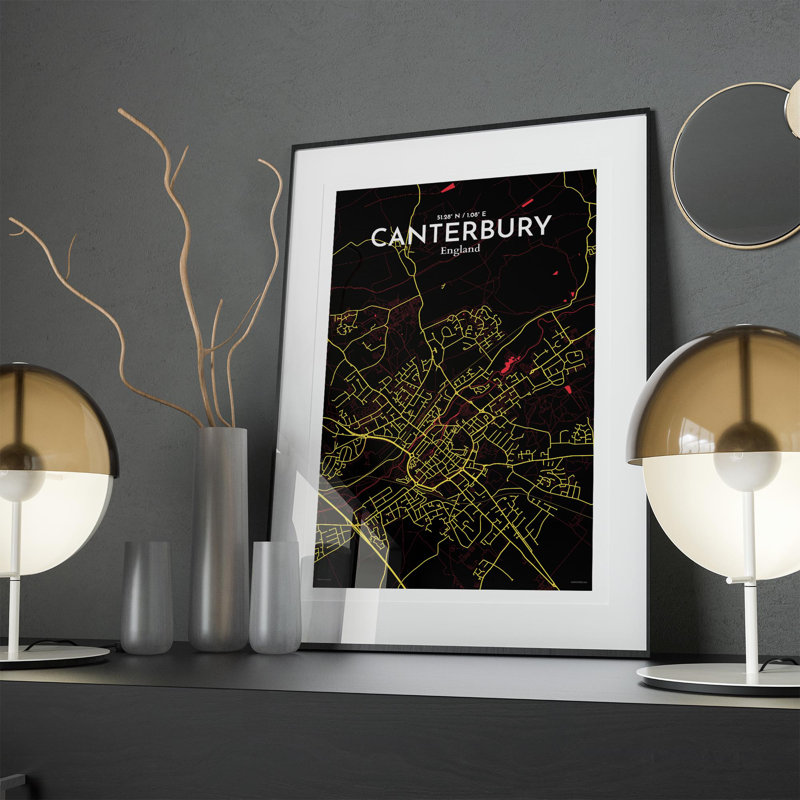 Canterbury City Map, impression, H 17 po x l 11 po x P 0,05 po, Noir / rouge / jaune