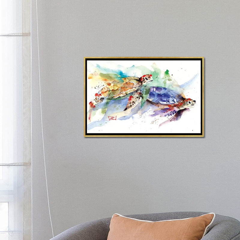«Sea Turtles» par Dean Crouser - reproduction d'art, Pas de tapis, H 18 po x l 26 po x P 1,5 po, Toile encadrée d'or