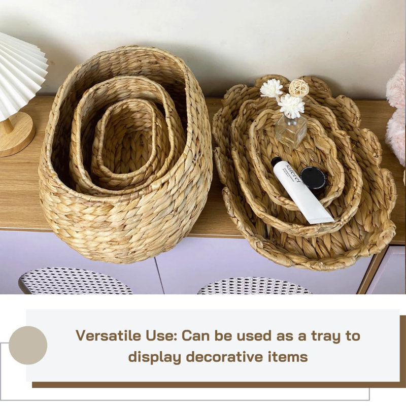 Scalloped Baskets Set Of 3 Nested Baskets 2 In 1 Design With Scalloped Edge, Hyaxinth Scallop Baskets, Round Wicker Baskets For Decor, Water Hyacinth Storage Baskets With Lid