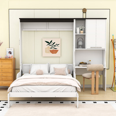 Wood Murphy Bed with Sofa, Desk and Storage Shelves