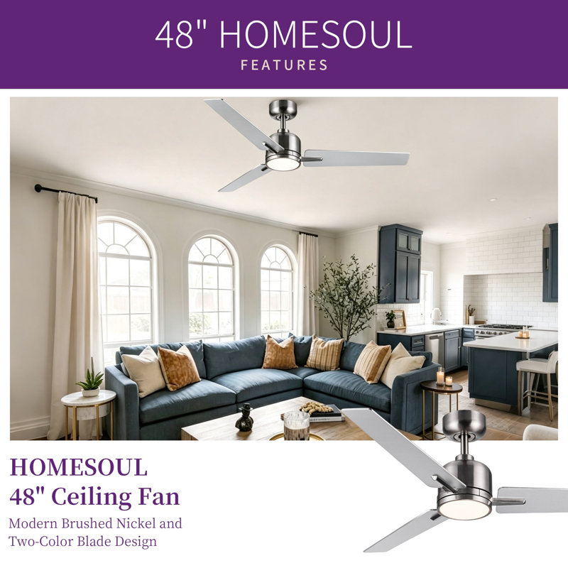 Modern 48" Ceiling Fan with Light and 3 Blades, Brushed Nickel, Brushed Nickel;Light Yellow Wood