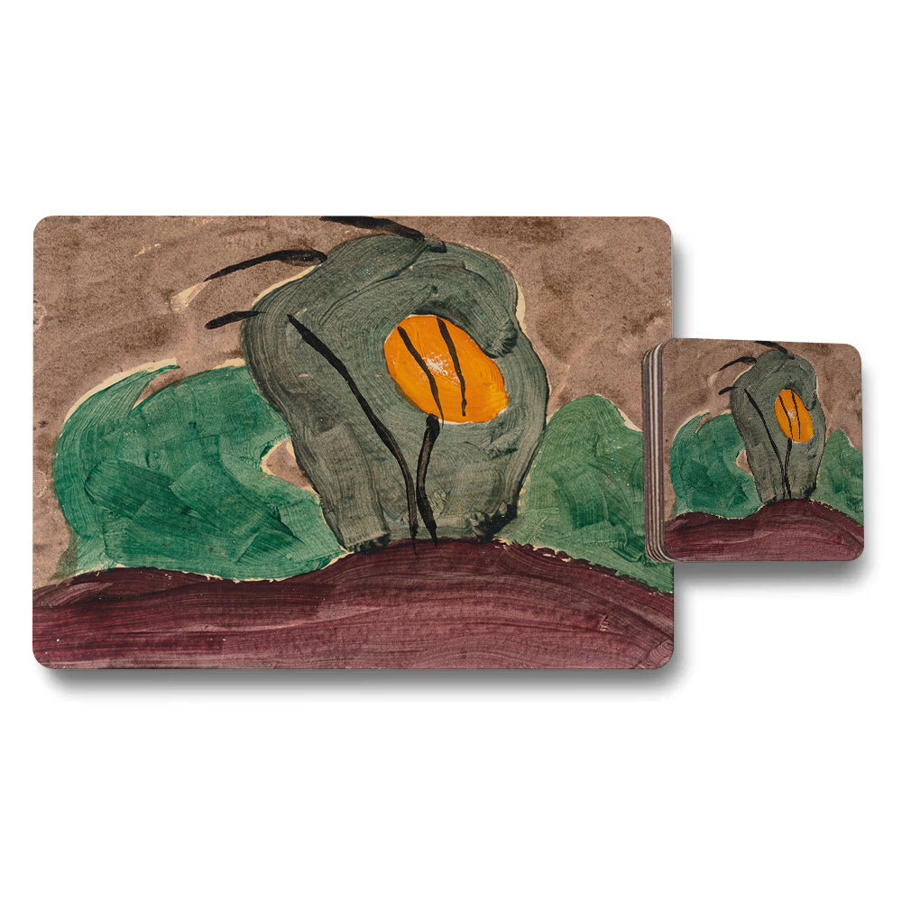 Abstract Botanical Placemats And Coaster Set With Green Leaves