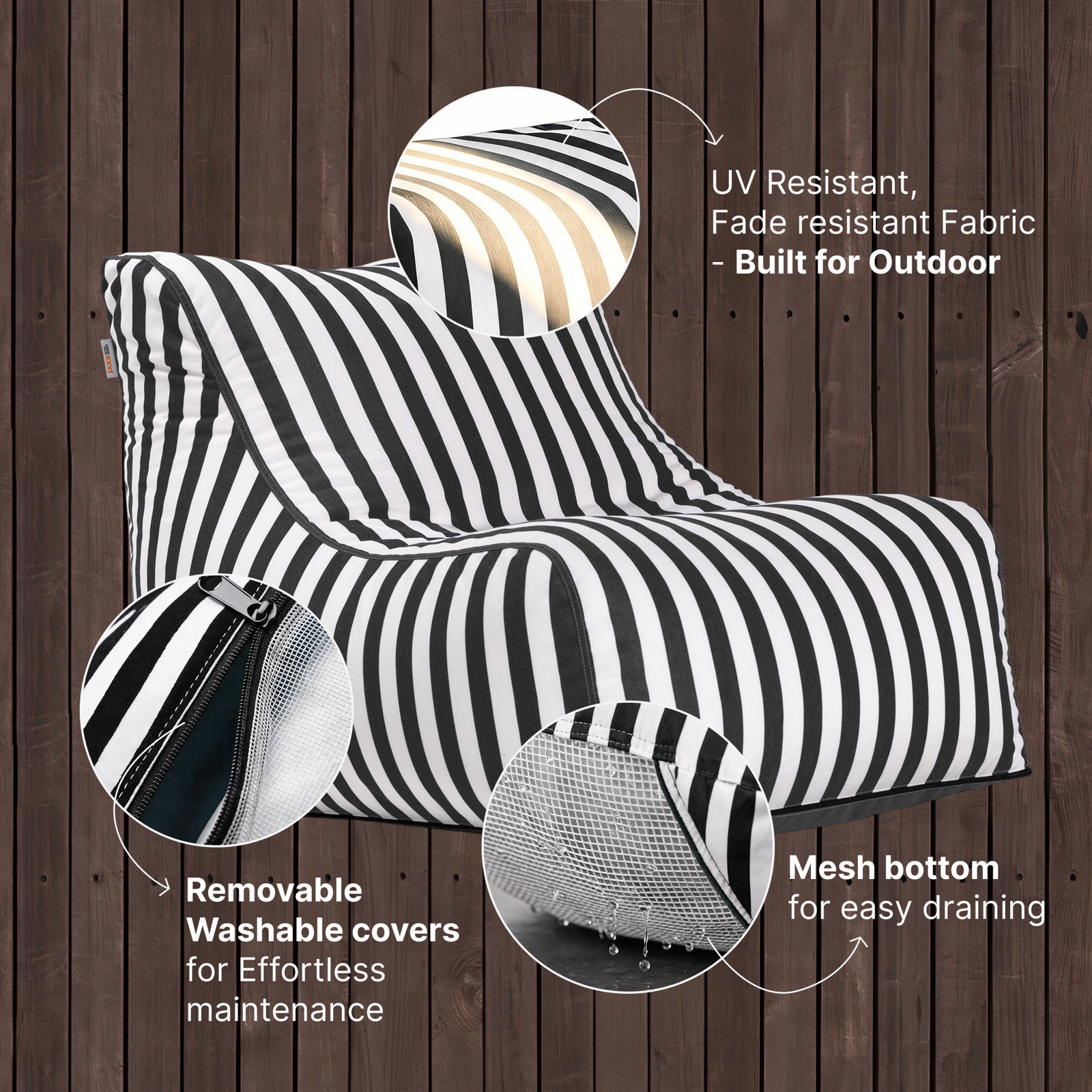 Ponce Outdoor Medium Bean Bag Chair, Black & White Striped Acrylic