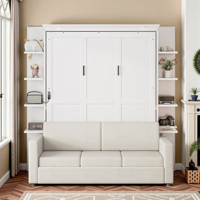 Queen Murphy Bed with Built-In Sofa - Space Saving Foldable Cabinet Bed for Small Spaces, Guest Rooms & Home Offices