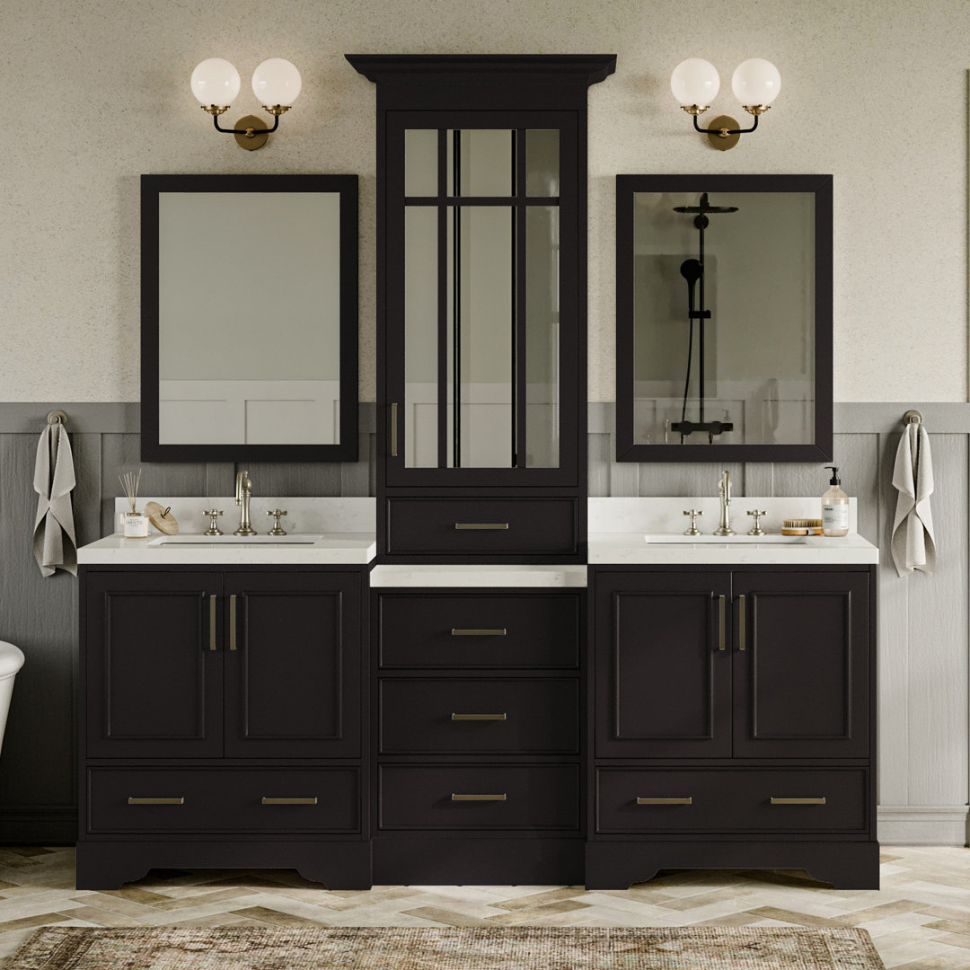 84.25'' Double Bathroom Vanity with Carrara Quartz Top with Mirror Winston Porter Base