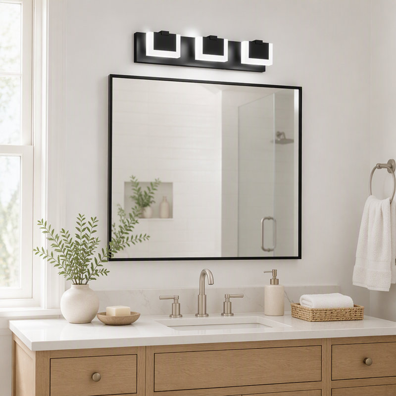 Luminaire de salle de bain moderne à 3 lumières à DEL noir et blanc avec miroir de salle de bain 6000K