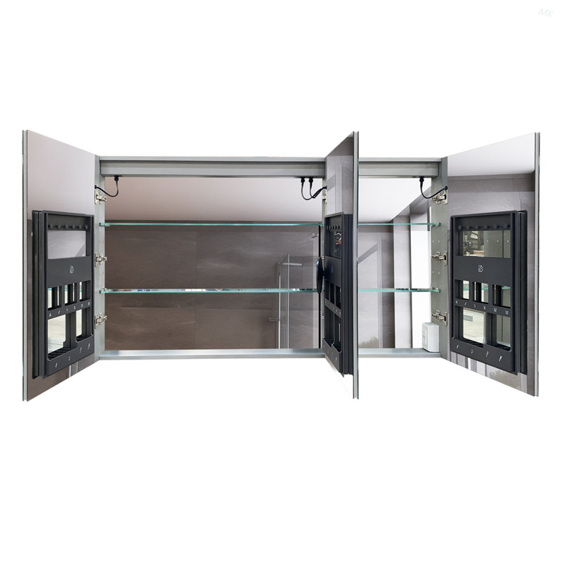 Armoire à pharmacie 60 po x 36 po à DEL avec miroir, douilles et tablettes en verre réglables, à intensité variable, anti-buée