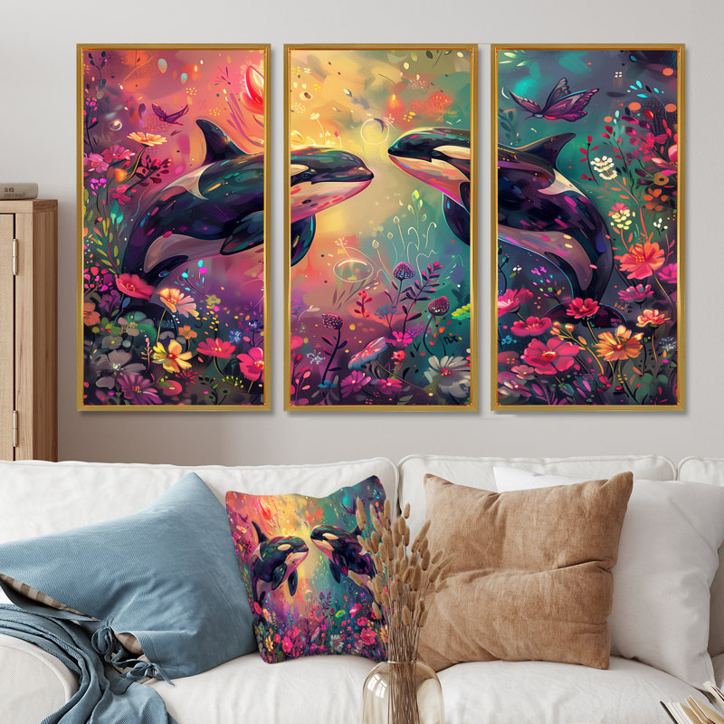 Alyviah - Ensemble de décoration murale baleine, Toile avec cadre flottant or, H 32 po x l 48 po x P 1 po