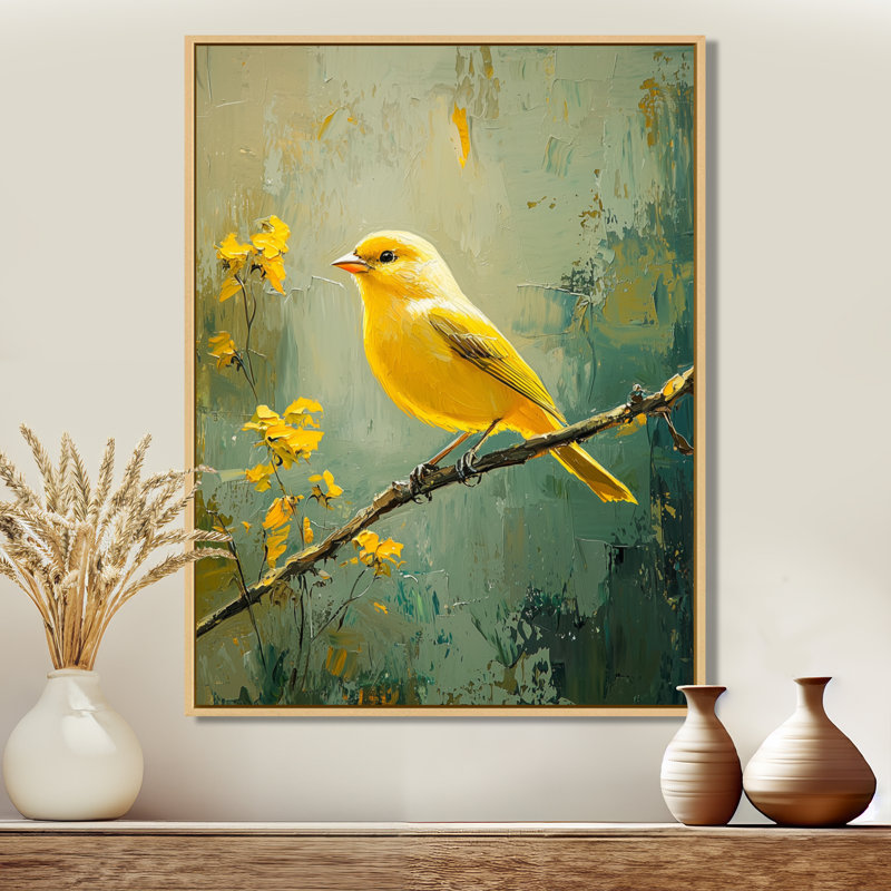 Golden Finch In The Meadow II - Art mural oiseau pour le salon, H 44 po x l 34 po, Reproduction avec cadre flottant