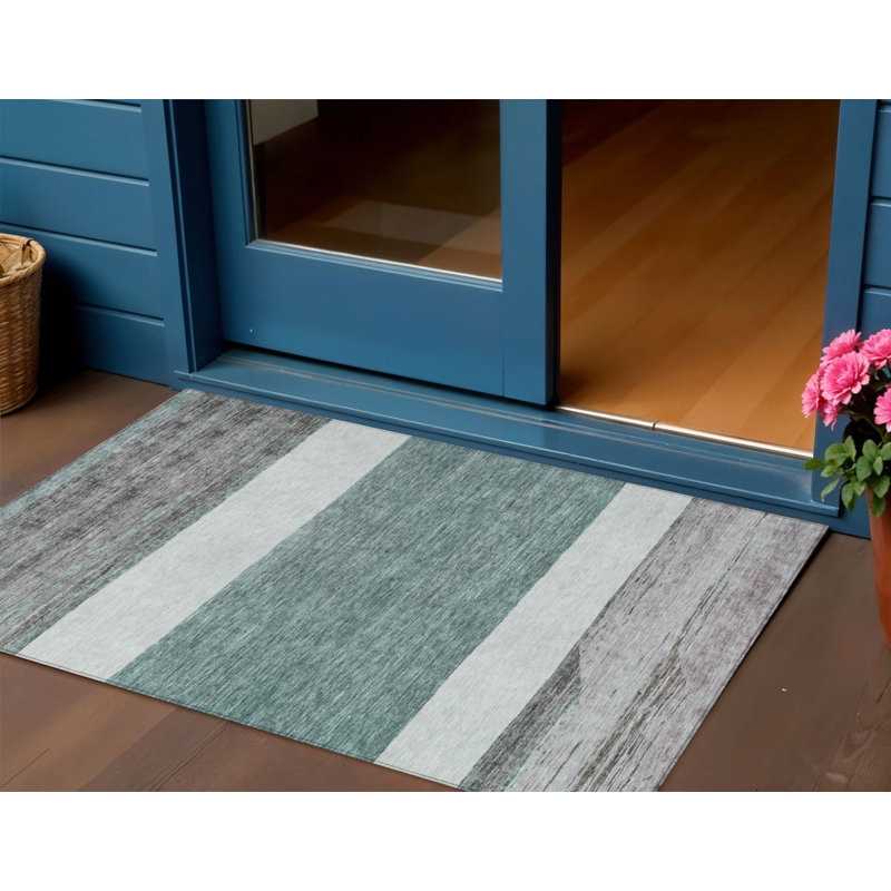 3' X 5' Teal Blue Abstract Washable Indoor Outdoor Area Rug