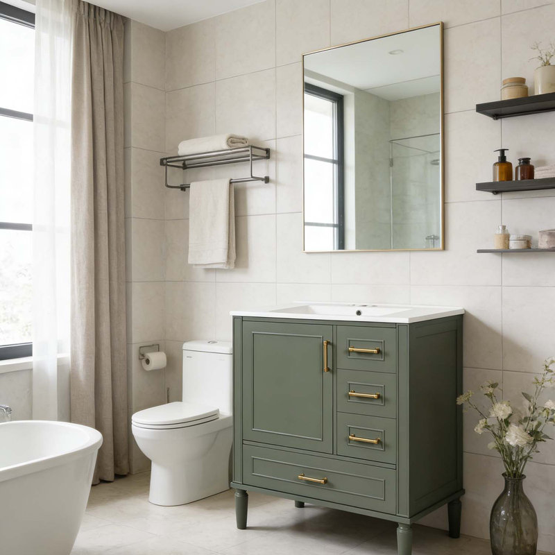 Meuble-lavabo moderne avec lavabo en céramique, porte à fermeture douce et tiroirs multiples, Vert olive