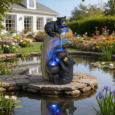 Fontaine en forme d'ours avec lumières DEL et cascade d'eau, fontaine de jardin en résine avec conception d'ours grimpant pour balcon de patio