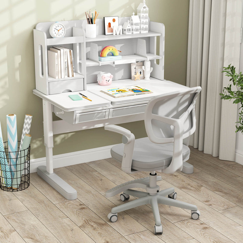 Chaise de bureau pour enfants avec hauteur réglable, accoudoirs et repose-pieds gris, Gris