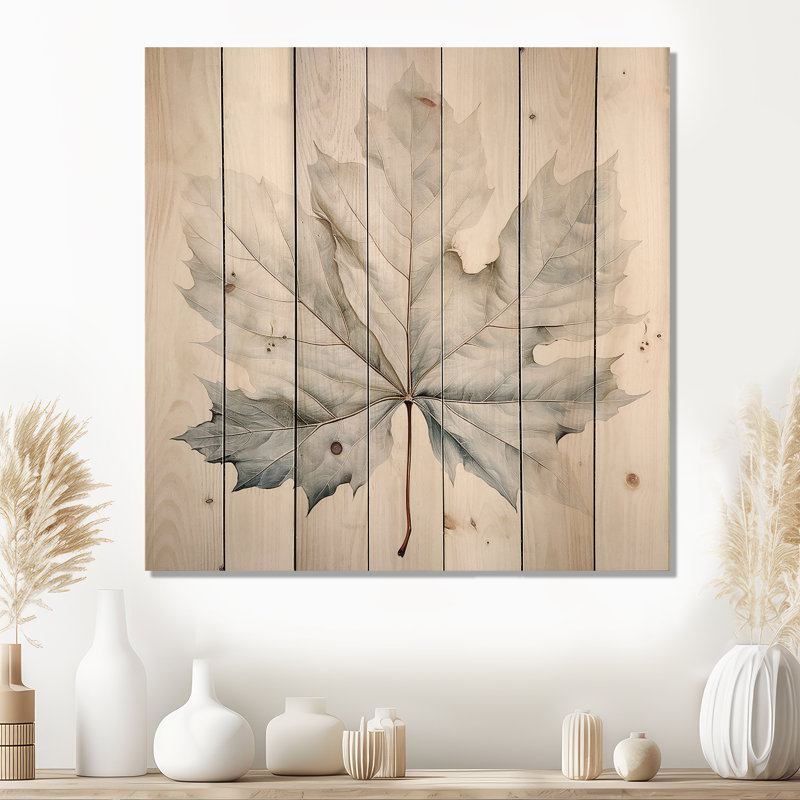 Feuille de sycomore argentée I - feuilles, art mural sur bois de pin naturel, H 25 po x l 25 po