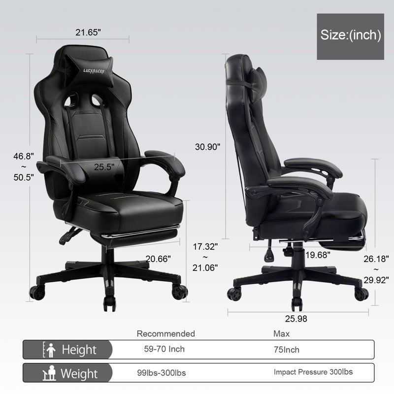 GTPLAYER Adjustable Reclining Ergonomic Faux Leather Swiveling PC & Racing Game Chair with Footrest, Black