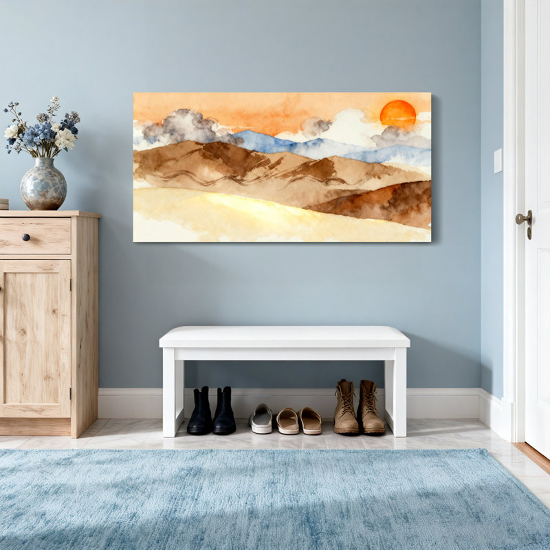 Paysage, paysage de montagne, coucher de soleil, ciel, nuages, aquarelle, H 20 po x l 40 po