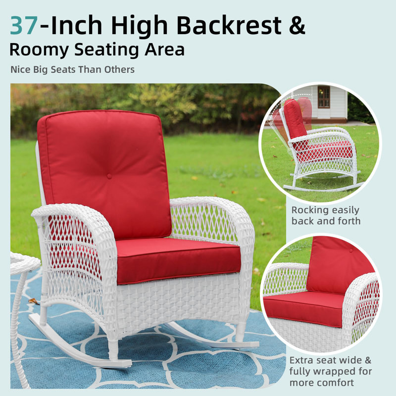 White Wicker Outdoor Rocking Chairs with Red Cushions
