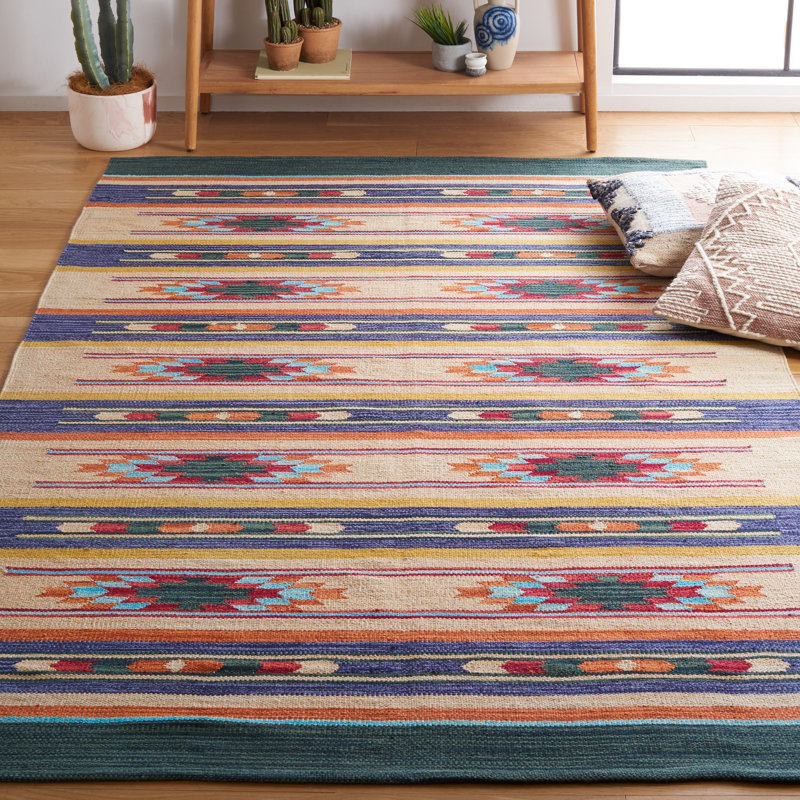 Continuum Flatweave Jute/Cotton Southwestern Rug in Beige/Blue/Green, Rectangle 4' x 6'
