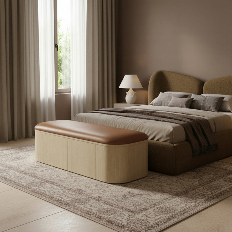 Banc de rangement en cuir Velden, Cognac, Naturel