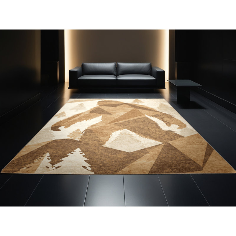 Machine Washable Ozgur Yeti Bigfoot Modern Rustic Block Print Rug in Beige – Beige Binding, 2x3