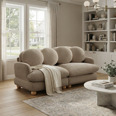 68'' Modern Chenille Upholstered 2-Seat Sofa with 4 Round Throw Pillows and Solid Wood Legs, Taupe Brown