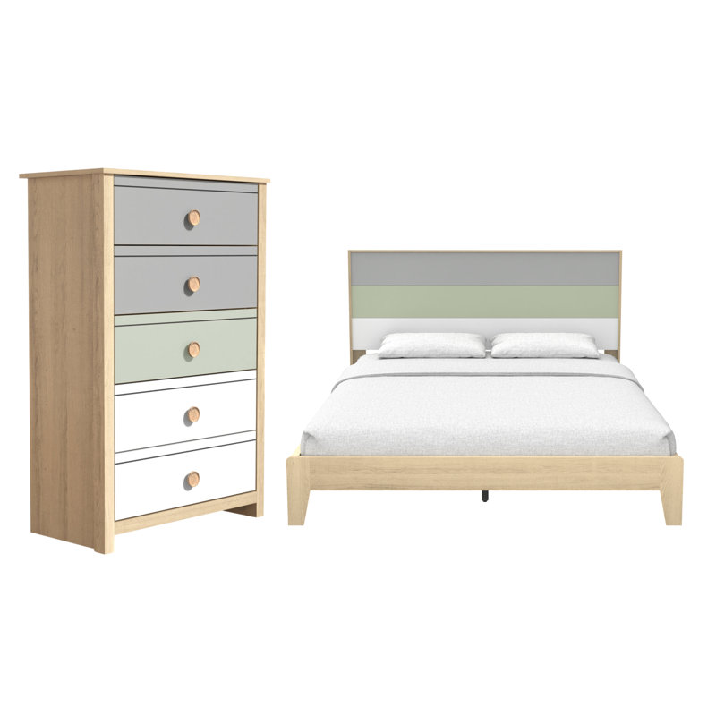 Patton Transitional 2 Piece Bedroom Set, Brown/Gray/Green