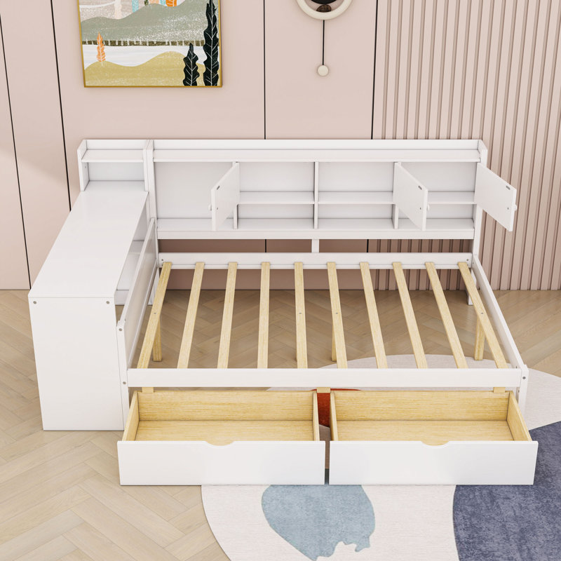 Wooden L-Shaped Daybed with Built-In Study Desk and Drawers, Full/Double, White