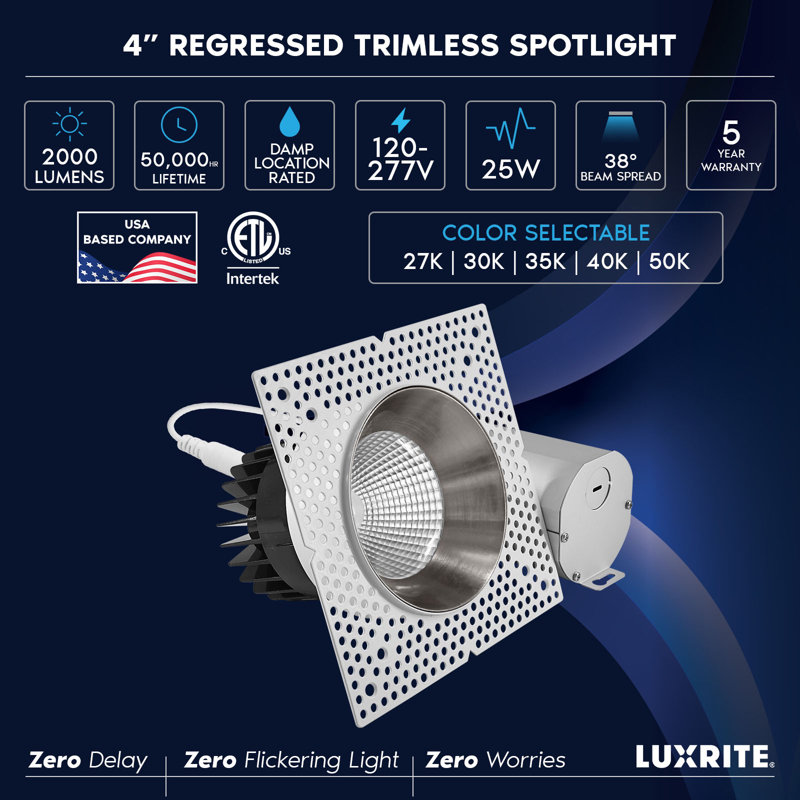 Projecteur encastré sans cadre à DEL 4 pouces avec remplacement de réflecteur en nickel LUXRITE 25W, 2000LM, 5CCT, 38 °, à intensité variable, CRI90, blanc + nickel, paquet de 4