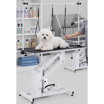 Table de toilettage hydraulique pour chien de 43,3 po, hauteur réglable de 22 à 39 po avec base en forme de Z, capacité de charge de 350 lb, surface antidérapante, table de toilettage professionnelle avec bras et corde pour grands chiens