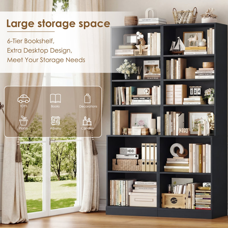 2-piece Tall Bookcase Set With Extra Desktop, Adjustable Shelves, And Enclosed Storage, Multi-functional Storage Bookshelf In White/black