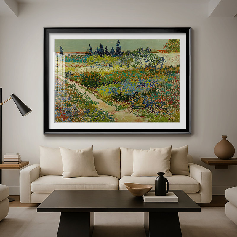 Jardin fleuri avec sentier - Vincent van Gogh - Reproduction encadrée avec passe-partout et verre - 1888, 26,5 x 36,5, Noir