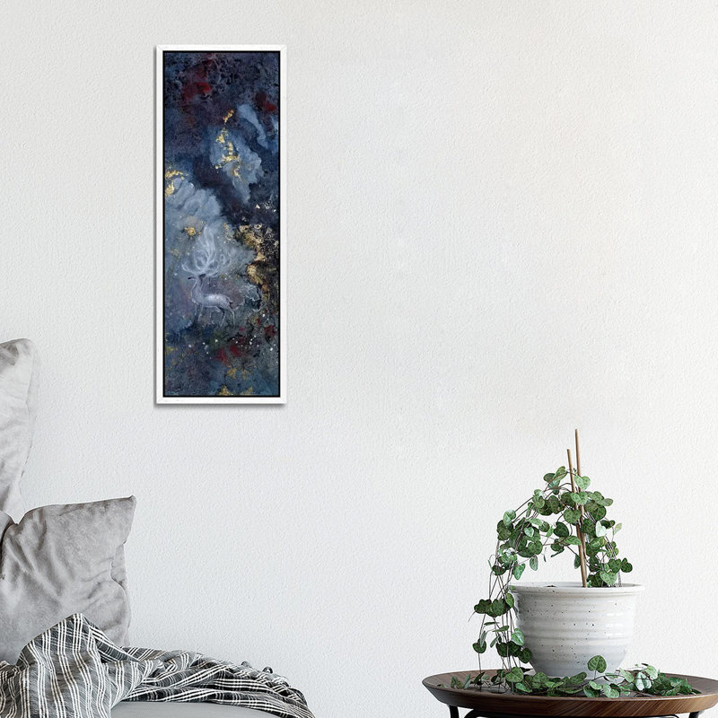 Stag by Stephanie Law - Panoramic Painting on Canvas, White Framed, 30.48 cm H x 91.44 cm W