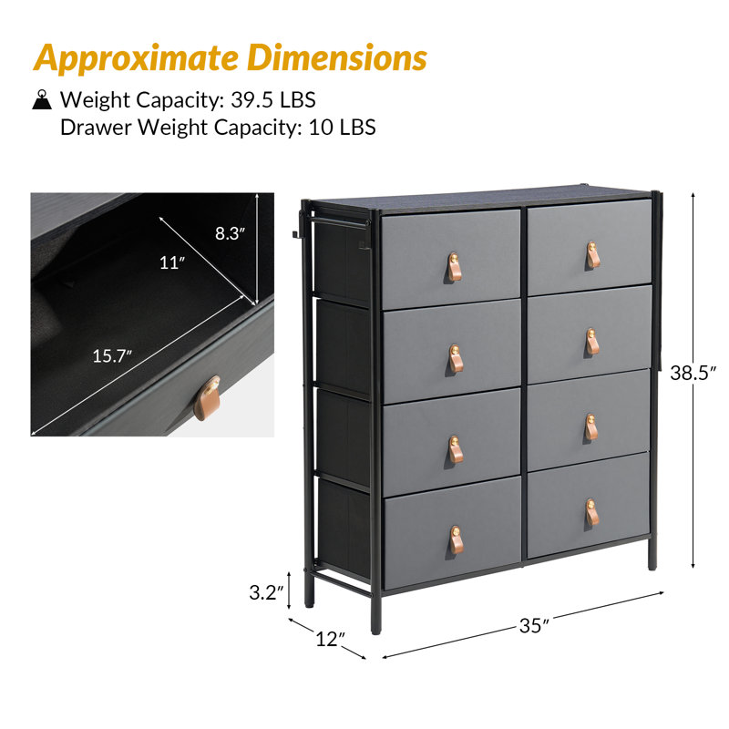 Commode de rangement moderne à 8 tiroirs l 35 po Melissa, Gris foncé