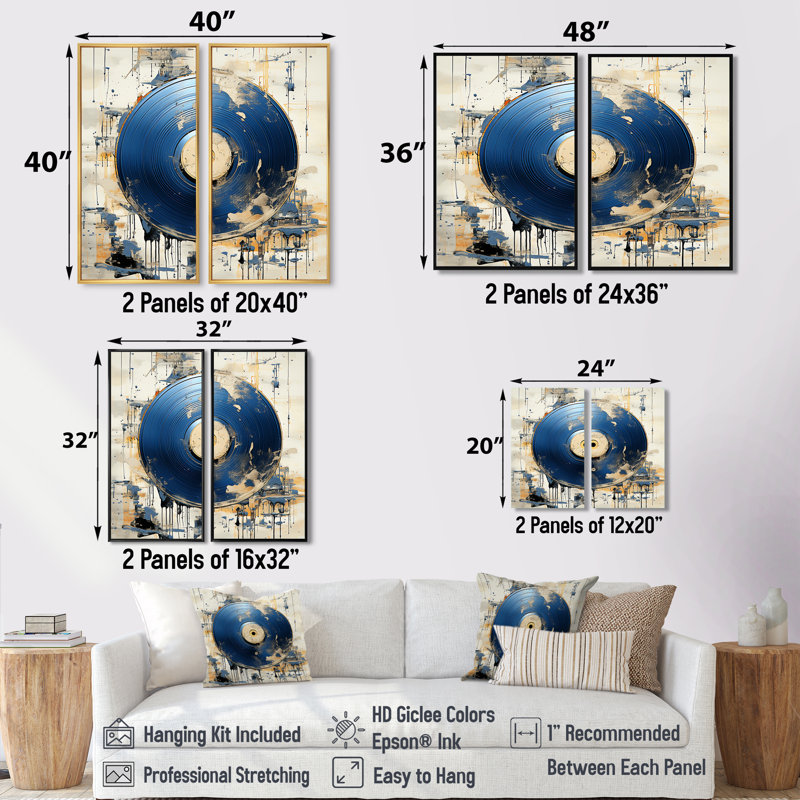 Blanc et bleu, vinyle, disque, mélodie, or, impressions d'art moderne sur toile, H 36 po x l 48 po, Noir