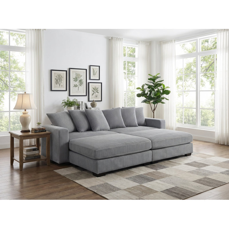 101"W Corduroy Sofa Bed With 2 Ottomans, Blue
