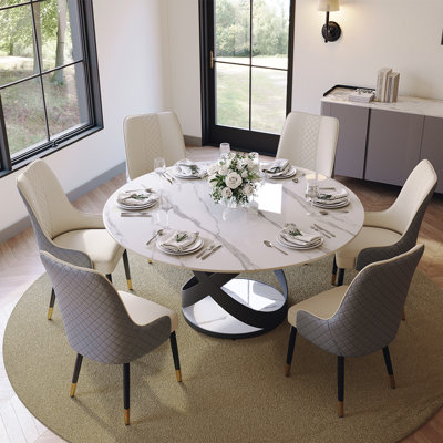 Maxwell 5/7 Pieces Modern Round Dining Table Sets, Sintered Stone Dining Table With PU Upholstered Chairs