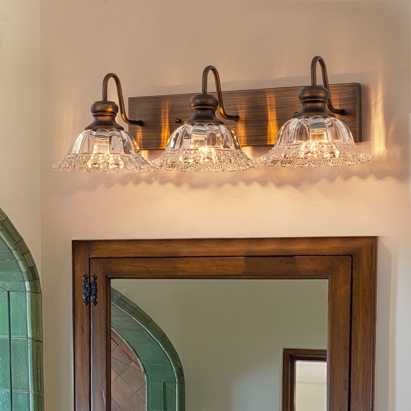 Vintage Bathroom Vanity Light with Flower Glass Shade, 3 Lights, 7.68" H x 25" W x 10.04" D