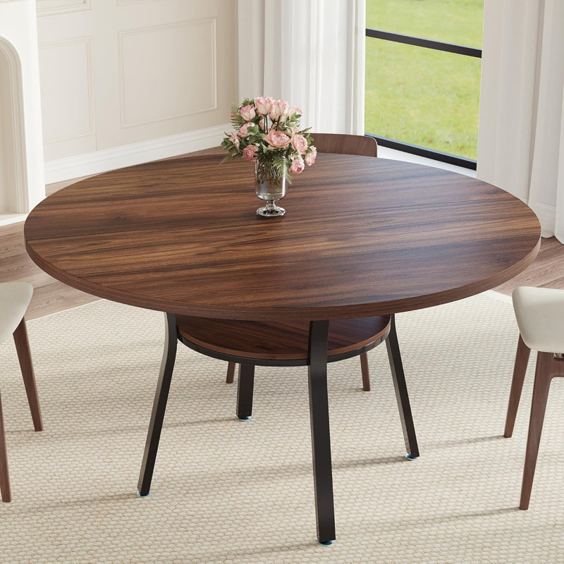 47'' Round Dining Table for 4-6, Farmhouse Dining Room Table, Round Dinner Table with Storage Shelf for Dining Room, Kitchen, Living Room, Brown