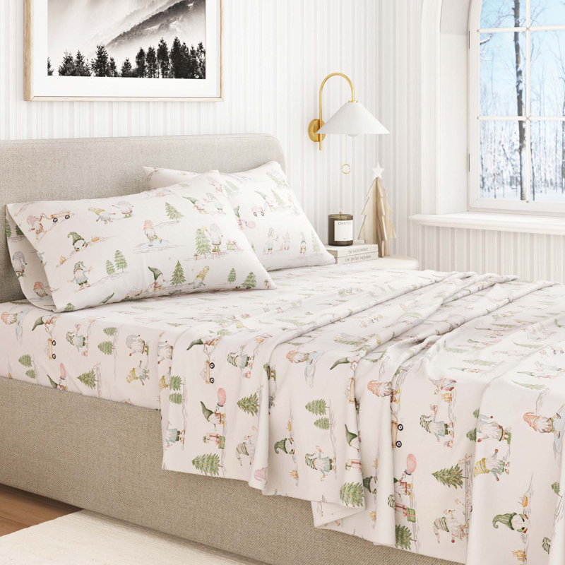 Ensemble de draps 100% flanelle de coton, Ensemble de draps pour lit simple avec 1 taie d'or, Gnome de Noël
