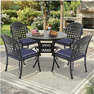 5-Piece Set Of Cast Aluminum Patio Furniture With Black Frame and Blue Seat Cushions(same sku:W1710S00070)