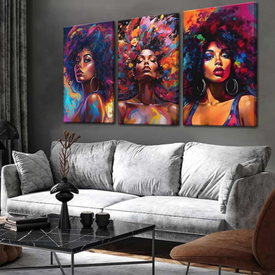 3Pcs African American Women Canvas Wall Art Colorful Graffiti Afro Girl Painting Modern Abstract Aesthetic Pictures Wall Decor Posters Print Artwork For Living Room Bedroom Home Decoration
